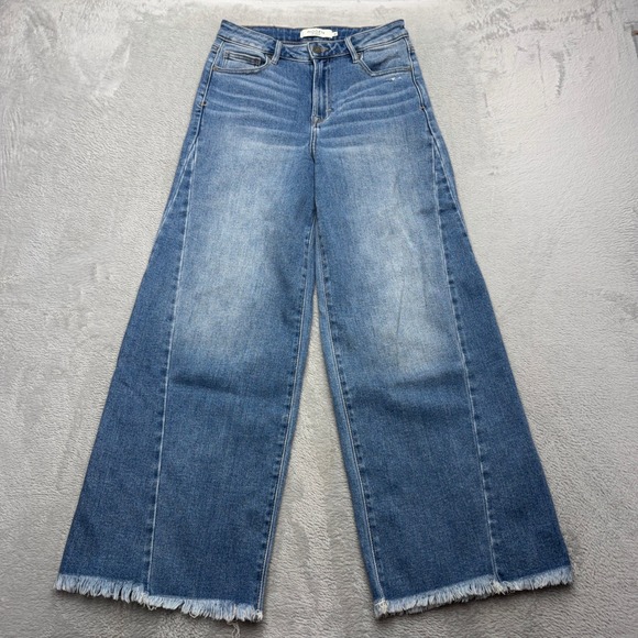 Hidden Jeans Denim - Hidden Jeans Wide Leg Womens 27 Blue Raw Hem Frayed Distressed Seam Detail Denim